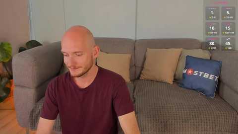 Media: Video of a bald man with a trimmed beard in a maroon t-shirt, sitting on a gray couch with beige and blue pillows, in a modern living room with a digital clock display on the wall.