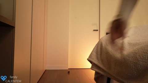 Media: A video of a person in a white towel walking out of a bathroom with beige walls and a wooden floor, blurred in motion, capturing a sense of urgency.