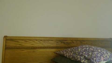 Media: A video of a simple wooden bed frame against a plain beige wall, with a pillow featuring a floral pattern on the right.