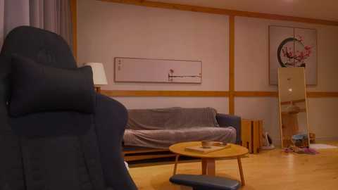 Media: Video of a cozy living room with a dark blue armchair, light wooden floors, a gray sofa, and a round wooden coffee table.