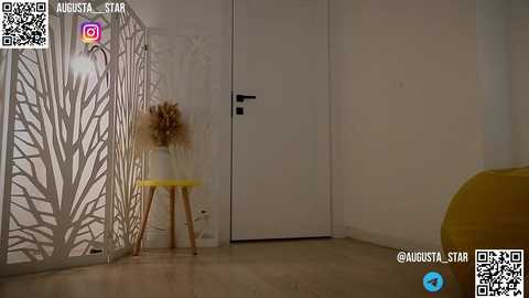 Media: Video of a modern, minimalist room featuring a white door, a yellow stool, and a decorative vase with dried grass.