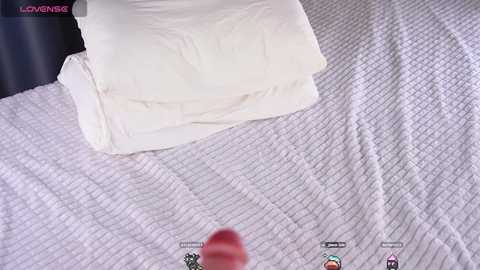 Media: Video of a white bed with a crumpled white pillow and textured white blanket. A blurred figure, possibly a hand, is seen in the bottom right. The image has a pink watermark \"LOVENSING\" in the top left corner.