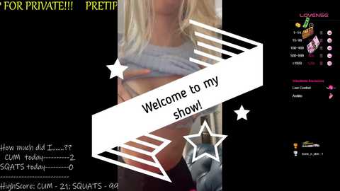 Media: Video overlaying a video chat screen with a blonde woman wearing a grey shirt, revealing her breasts, and a white banner with \"Welcome to my snow!\" text.