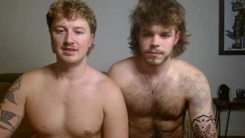 Media: Video of two shirtless, fair-skinned men with curly brown hair, one with a chest tattoo and the other with an arm tattoo, sitting indoors.