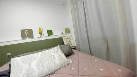 Media: Video of a minimalist bedroom with a beige bed, white pillow, green headboard, and light grey curtains. The walls feature framed abstract art.