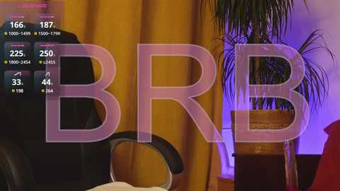 Media: Video of a cozy room with mustard-yellow curtains, a potted plant, and a black leather office chair, featuring a digital overlay of BRRB's logo and streaming stats.