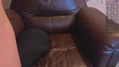 Media: Video of a dark brown leather armchair with a black cushion on the right armrest, set against a beige wall with a digital display showing \"Loom\" in the upper right corner.