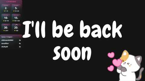 Media: A digital drawing with a black background featuring the words \"I'll be back soon\" in white, playful font. On the right, a cute cartoon cat with pink hearts around its head.