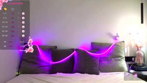 Media: Video of a modern bedroom with a bed adorned with gray pillows and a neon pink light strip draped across them. A calendar with pink and red accents is mounted on the wall, and a table lamp with a glass shade sits on the nightstand.