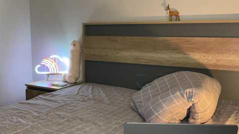 Media: A video of a modern, minimalist bedroom with a wooden headboard, gray plaid bedding, a nightstand with a glowing cloud lamp, and a small fox figurine on the wall.