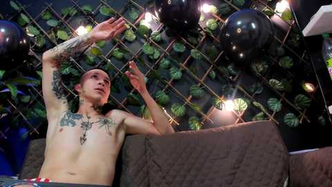 Media: Video of a topless tattooed woman with long brown hair, arms raised, against a dark backdrop with hanging plants and lights.