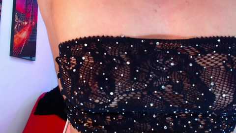 Media: Video of a woman's bare midsection, wearing a black lace bralette adorned with small silver sequins. The background includes a red piece of furniture and a framed abstract artwork.