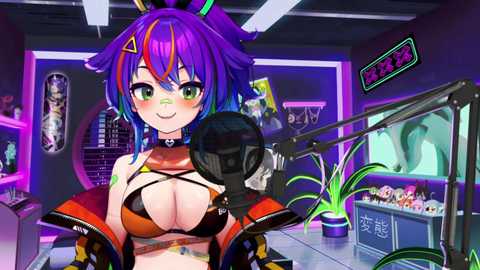 Media: Anime-style digital drawing of a confident, purple-haired, green-eyed woman with large breasts in a futuristic, neon-lit room. She wears a revealing, black and orange outfit, holding a microphone, surrounded by electronic equipment and plants.