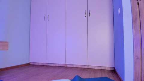 Media: Video of a minimalist, well-lit room with white wardrobe cabinets, blue walls, wooden floor, and a blue yoga mat on the floor.