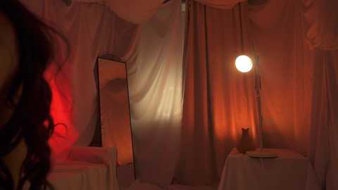 Media: Video of a dimly lit room with soft red and orange lighting. A full-length mirror reflects a white curtain, and a small table holds a lamp and a vase. The background shows a blurred figure.