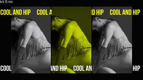 Media: Video of a nude woman with long dark hair, wearing a fringed leather top, posing seductively in a studio. Text overlays: \"Cool and Hip\" in yellow, \"Cold and Hip\" in green, and \"Good and Hip\" in red.