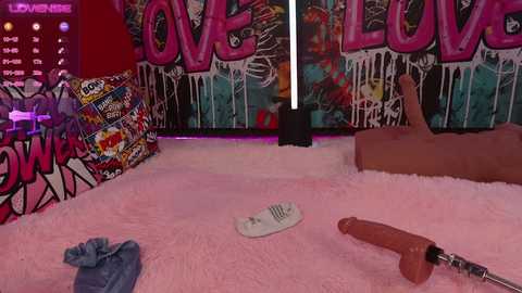 Media: Video of a vibrant, graffitied room with pink carpet, a large \"LOVE\" sign, a stuffed animal, and a dildo, creating a playful, erotic ambiance.