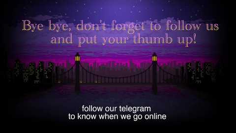 Media: A digital illustration features a bridge at twilight with purple and pink hues. The sky is starry, and the bridge is adorned with yellow text reading, \"Follow our telegram to know when we go online.\