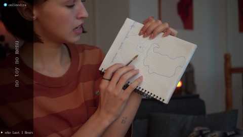 Media: Video of a woman with short brown hair, wearing a striped shirt, drawing a map with a pencil in a notebook, indoors, dim lighting.