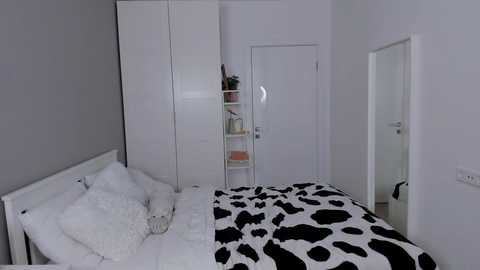 Media: Video of a minimalist, modern bedroom with white walls, a white bed covered in a black-and-white cow pattern duvet, white headboard, and a white wardrobe.