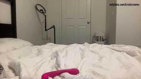 Media: Video of a messy white bed with a pink vibrator on top, a white door, and a black stand with a mirror, in a minimalist room.