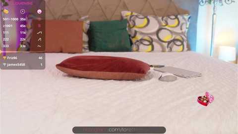 Media: A video of a plush, red velvet pillow on a white bed with patterned pillows and a smartphone screen overlay.