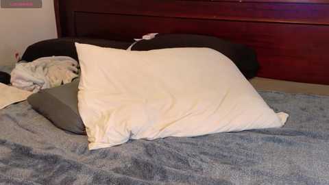 Media: A video of a messy bed with a white pillow, gray pillow, and a beige blanket, set against a dark wooden headboard.