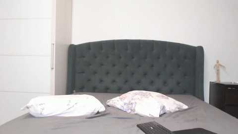 Media: Video of a modern bedroom featuring a dark green, tufted upholstered headboard, gray bedspread, two white pillows, a black remote control, and a small wooden figurine on a black nightstand against a white wall.