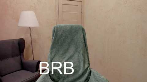 Media: Video of a beige room with a closed door and a dark gray armchair covered in a teal blanket. A white lampshade is on the left, and the text \"BBR\" is overlaid.