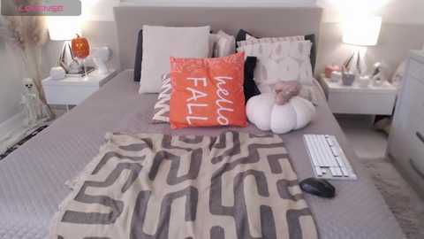 Media: Video of a cozy, modern bedroom with a beige headboard, grey bedding, a \"Hello Fall\" pillow, a stuffed animal, a laptop, and a cat on a grey rug.