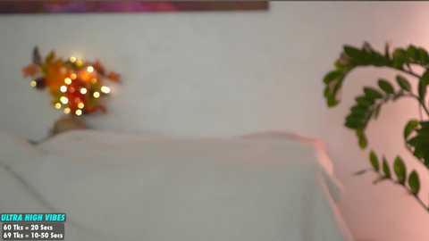 Media: A video of a dimly lit bedroom with a white bed, a potted plant, and a decorative bouquet on the nightstand, featuring soft, warm lighting.