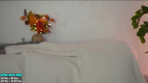 Media: Video of a neatly made bed with white sheets, a floral arrangement with orange and yellow flowers, and a green potted plant in the corner. Text overlay reads \"Ultra High Vibe\" and \"AD - 40 Hz 60 Hz 50 Hz 30 Hz.\