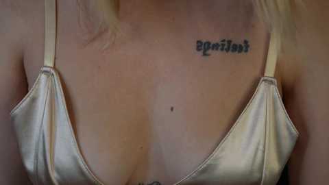 Media: Video of a light-skinned woman with blonde hair wearing a shiny, low-cut, metallic gold bra. Her cleavage is prominent, and she has a small tattoo of \"Egon\" on her right collarbone.