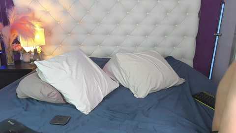 Media: Video of a modern bedroom with a plush, tufted white headboard, a blue bedspread, two white pillows, a bedside table with a lamp, and a partially visible person's arm.