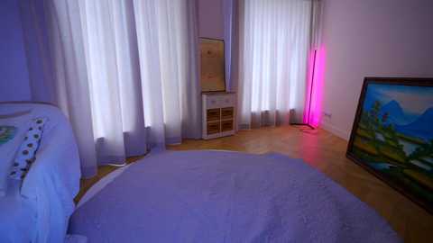 Media: Video of a minimalist, softly lit bedroom with white walls, sheer curtains, wooden floor, light blue rug, white bed, TV stand, and a colorful landscape painting.