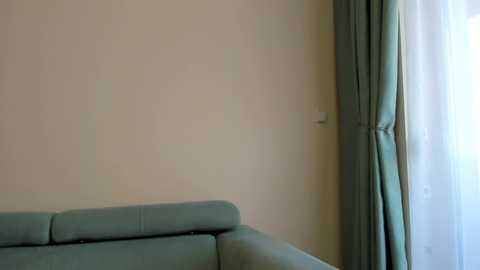 Media: A video of a minimalist living room with a light green sofa against a plain beige wall, featuring a sheer white curtain partially drawn on the right.