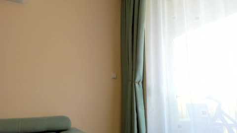 Media: A video of a beige wall with a teal curtain partially drawn, revealing a bright room with a glimpse of a white chair and a balcony beyond the window.