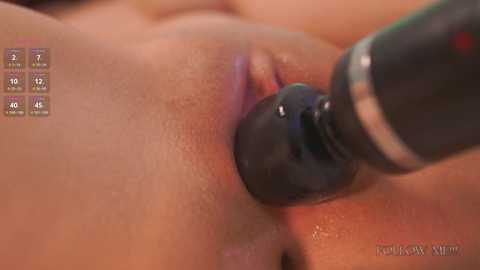 Media: Video of a close-up of a woman's vulva being stimulated by a black vibrator, skin is smooth and slightly glistening with arousal, blurred background.