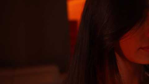 Media: A dimly-lit video of a woman's face with long, dark hair, partially obscured by a red-orange glow. The background is blurred, suggesting a warm, intimate setting.