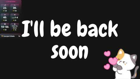 Media: A digital drawing on a black background featuring a playful, cartoon-like cat with a white and gray coat, pink hearts, and a text overlay reading \"I'll be back soon.\