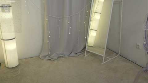 Media: A video of a minimalist room with light gray walls, beige carpet, and a white mirror. A white lamp and a gray curtain with string lights adorn the background. The room appears empty and sparsely decorated.