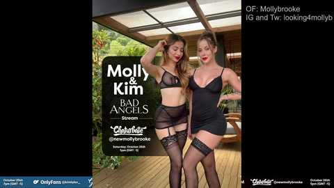 Media: Video of two women in black lingerie, garter belts, and stockings, posing outdoors under a canopy. Background shows a green, leafy garden and wooden flooring. Text reads \"Molly & Kim Bad Angels Clubbadge.\