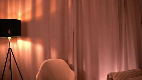 Media: A video of a cozy bedroom corner featuring a beige chair, a black lamp with a cylindrical shade, and warm, orange-tinted curtains. The soft lighting creates a serene, inviting ambiance.