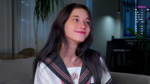 Media: Video of a young girl with long dark hair, wearing a white sailor dress with red accents, smiling slightly. Background features a modern living room with a potted plant, bookshelf, and cityscape lights visible through a window.