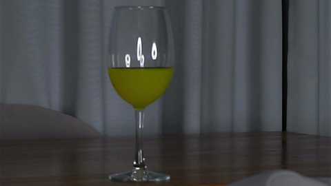 Media: A video of a clear glass of vibrant green liquid on a wooden table against a background of sheer white curtains, creating a serene, minimalist setting.