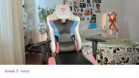 Media: A video of a gamer's room features a white-and-pink gaming chair, a black-and-white floral-patterned bed, and a wall adorned with photos and posters.