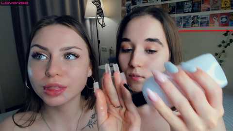 Media: Video of two young women applying makeup, one with a tattoo and light skin, the other with light skin and long hair. Background includes a bookshelf, lamp, and a gray curtain.