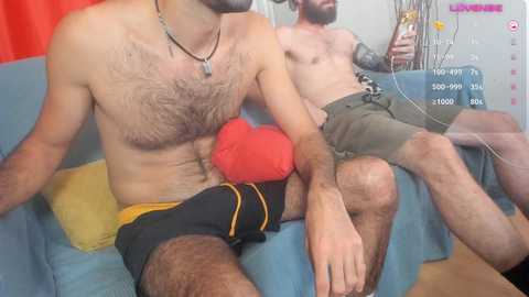 Media: Video of two shirtless men, one with a hairy chest, wearing black shorts, sitting on a couch. The other man has a tattooed arm, wearing green shorts, holding a phone. Background includes a heart pillow and a TV screen showing a game.