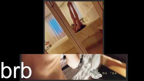 Media: Video of a bedroom with a large, realistic-looking dildo on a bed, featuring a mirror in the background. The room has beige walls and a white bedspread.