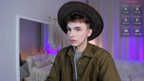 Media: Video of a young man in a cowboy hat, olive green jacket, and gray shirt, indoors with a bed and wall decor, digital timer overlay.